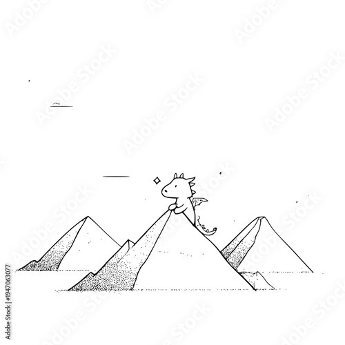 Smiling Horse on Pyramid, Egypt, Black and White Illustration