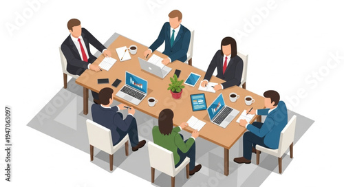 Business Meeting Around a Conference Table with Laptops and Papers.