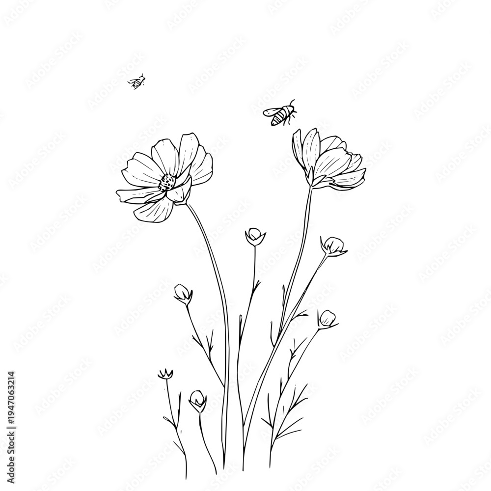 Naklejka premium Black and White Flowers with Bees Flying Around