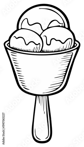 Hand-drawn ice cream sundae illustration in a decorative glass with three scoops