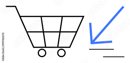 Minimalist shopping cart aligned with a blue downward arrow symbolizing purchase, discounts, or add-to-cart actions. Ideal for e-commerce, sales, online shopping, retail, discounts, commerce simple
