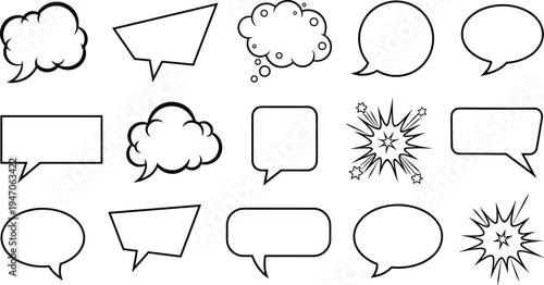 Speech Bubble and Thought Cloud Icon Set Featuring Rectangular, Triangular, Starburst, and Blank Designs for Communication and Messaging Graphics