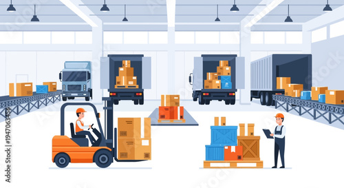 Warehouse Logistics & Supply Chain Operations: Workers, Forklift, and Trucks in a Distribution Center Loading & Unloading Packages