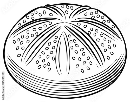 Round Kaiser Roll Bread Topping Detail Black and White Outline Illustration For Bakery Products And Menu Designs