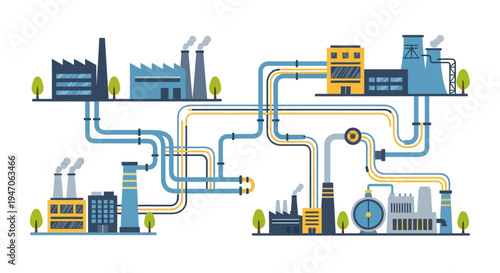 Industrial Network: Connected Factories & Power Plants via Pipes. Global Energy, Production, and Supply Chain System.