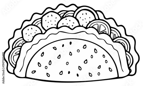 Hand-Drawn Taco: Black and White Line Art of a Delicious Fast Food Meal with Filling Ingredients for Coloring Book