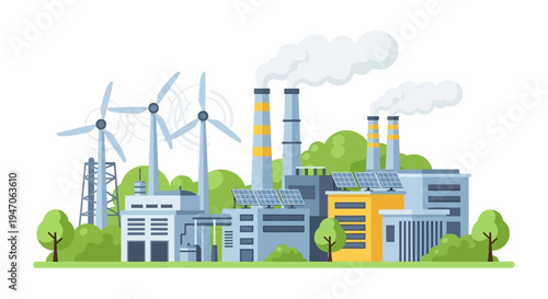 Energy Transition: Industrial Factory with Smoking Chimneys, Wind Turbines, and Solar Panels. Sustainable Power vs. Pollution.