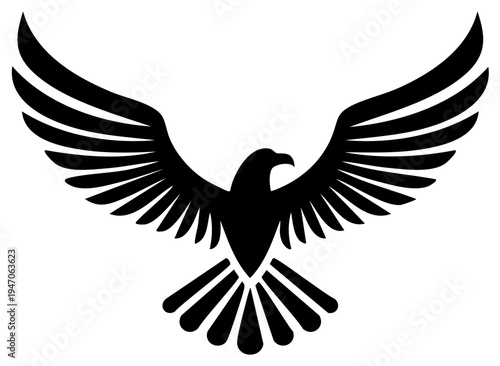 Dramatic eagle soars in striking black silhouette against pure white open wings flying high