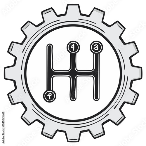 Manual transmission gear shift symbol inside a cogwheel.