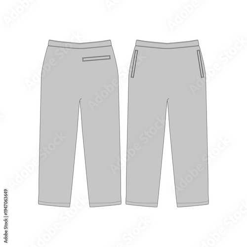 Blank grey trousers flat sketch mockup front and back view. Technical vector illustration of casual pants with pockets for tech pack. Men or women apparel fashion design template isolated