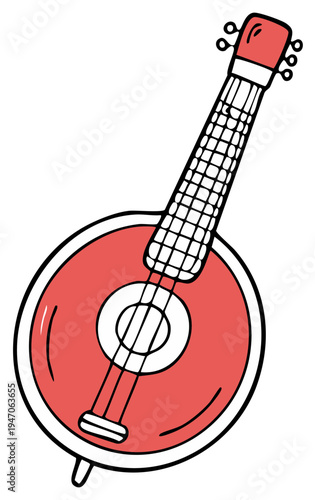 Hand Drawn Red Banjo Illustration Musical Instrument Stringed Folk Art Design