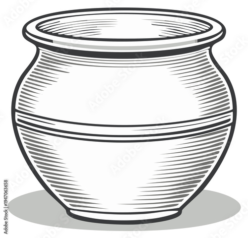 Hand Drawn Sketch of a Round Earthen Pot Isolated on White, Empty Vessel, Kitchen Decor, Vintage Illustration