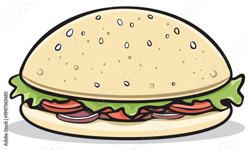 Freshly Prepared Sandwich with Lettuce Tomatoes and Onions on a Sesame Seed Bun