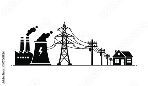 Black silhouette illustration of an industrial power plant supplying electricity to a small house