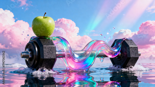 Surreal iridescent liquid dumbbell with green apple, pastel dreamlike fitness still life for wellness branding