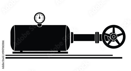 Black and white illustration of a gas tank with gauge and valve on rails