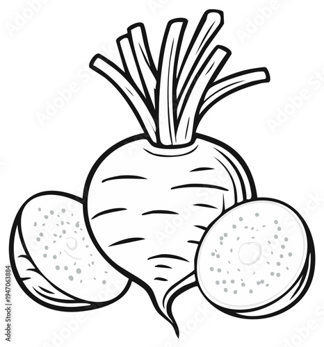 Line art illustration of a whole beet and two halves revealing seeded interior and green tops