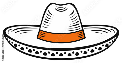 Bright White Sombrero Hat Illustration with Orange Band Traditional Mexican Headdress