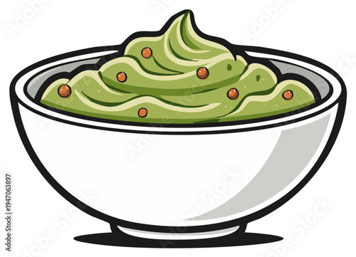Vibrant green guacamole piled high in a white bowl with brown garnish