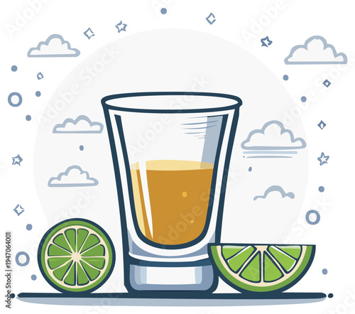 Tequila shot with lime wedges illustrated in a fun, clean design with cartoon style clouds and stars creating a playful atmosphere