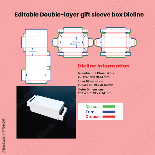 Editable Double Layer Gift Sleeve Box Dieline With Dimensions packaging gift box