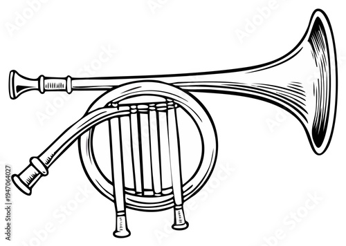 Vintage Hunting Horn With Intricate Coiled Tubing And Bell Outline