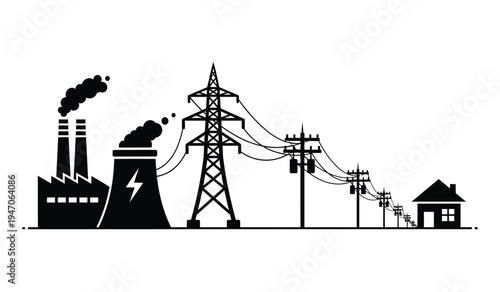 Black silhouette illustration showing the electrical power distribution from plant to a small house