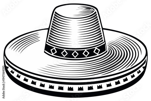 Stylized sombrero with decorative band and patterned brim illustration