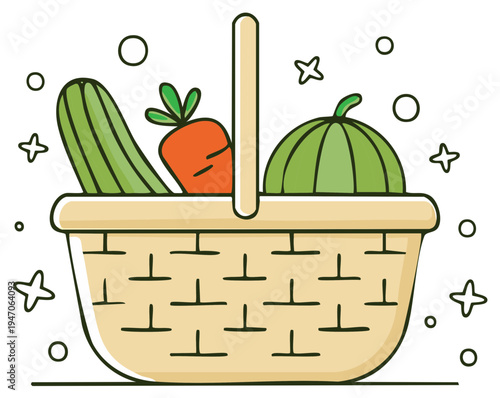 Harvest basket overflowing with fresh cartoon vegetables and shimmering stars