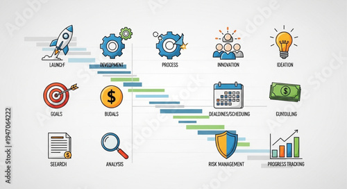 Business project management timeline with icons and progress bars.