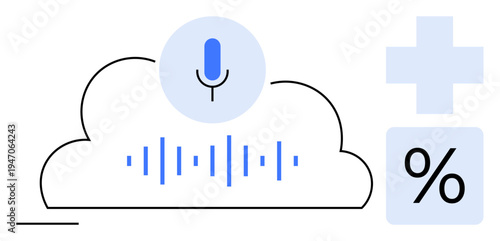 Artificial intelligence, voice technology, cloud computing, big data, speech recognition, remote processing. Cloud with microphone and wave graphics. Artificial intelligence and voice technology
