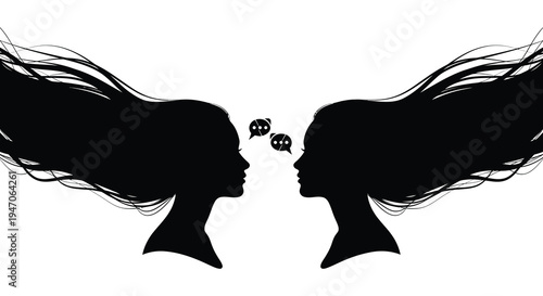 Two silhouetted women facing each other with speech bubbles between them