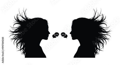 Two silhouetted profiles facing each other with speech bubbles between them