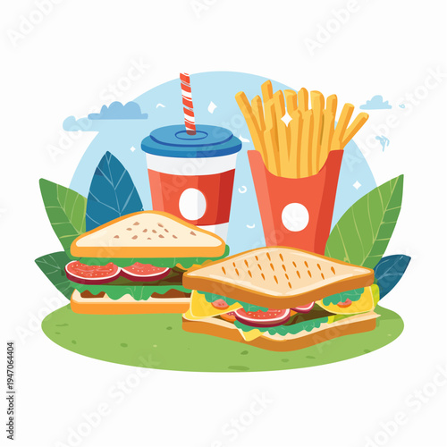 Vibrant flat design illustration of a classic fast food combo featuring delicious sandwiches, crispy fries, and a refreshing soda drink, perfect for a quick lunch or casual meal