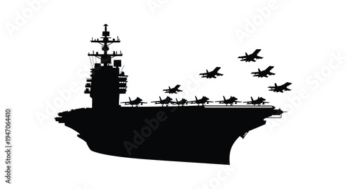 A dramatic black silhouette depicts a naval aircraft carrier with fighter jets taking off and landing silhouette