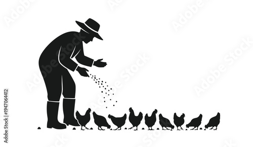 Black silhouette of a farmer wearing a wide brimmed hat feeding a small group of domestic poultry