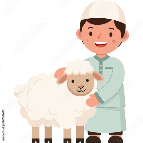 A young boy in traditional attire holds a sheep outdoors smiling