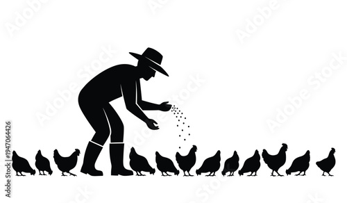 A silhouette illustration of a farmer wearing a hat feeding a flock of chickens in a farm field