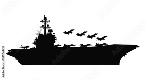 A striking black silhouette depicts a naval aircraft carrier launching multiple fighter jets into the sky silhouette