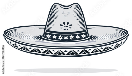 Traditional Mexican Sombrero Hat Artistic Line Drawing with Cultural Patterns