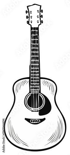 Acoustic guitar drawing illustration musical instrument black and white.