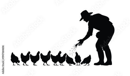 A silhouette of a farmer wearing a hat while scattering grain to feed a group of small chickens