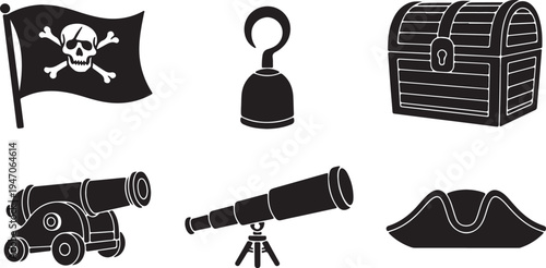 Pirate ship flag with skull and crossbones, hook, treasure chest, cannon, spyglass, and tri corner hat icons