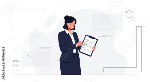 Businesswoman checking checklist on clipboard, successful task completion, modern office background