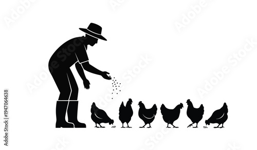 A silhouette illustration of a farmer wearing a hat while feeding a flock of chickens on a farm