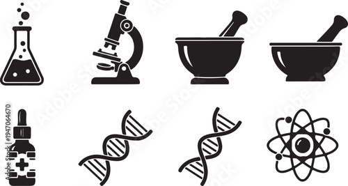 Science vector icons set. isolated objects with flat design style. research and experiment, laboratory tools