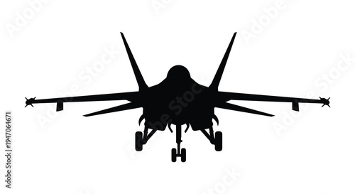 A striking black silhouette of a modern fighter jet facing forward with landing gear extended silhouette high quality