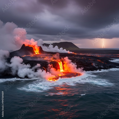 Volcanic Eruption in Ocean with Stormy Weather.