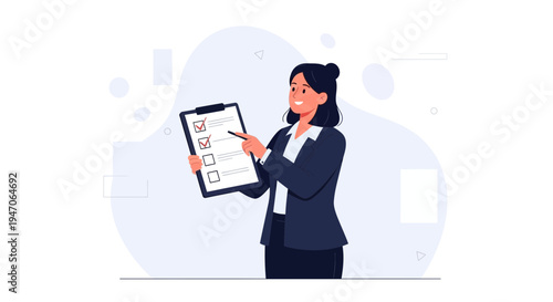 Businesswoman pointing at checklist on clipboard, task completion concept