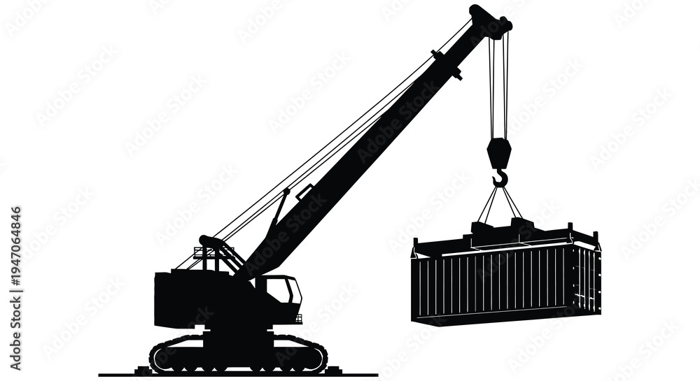 Fototapeta premium A stark black silhouette of a large crane lifting a shipping container showcasing industrial power and scale silhouette